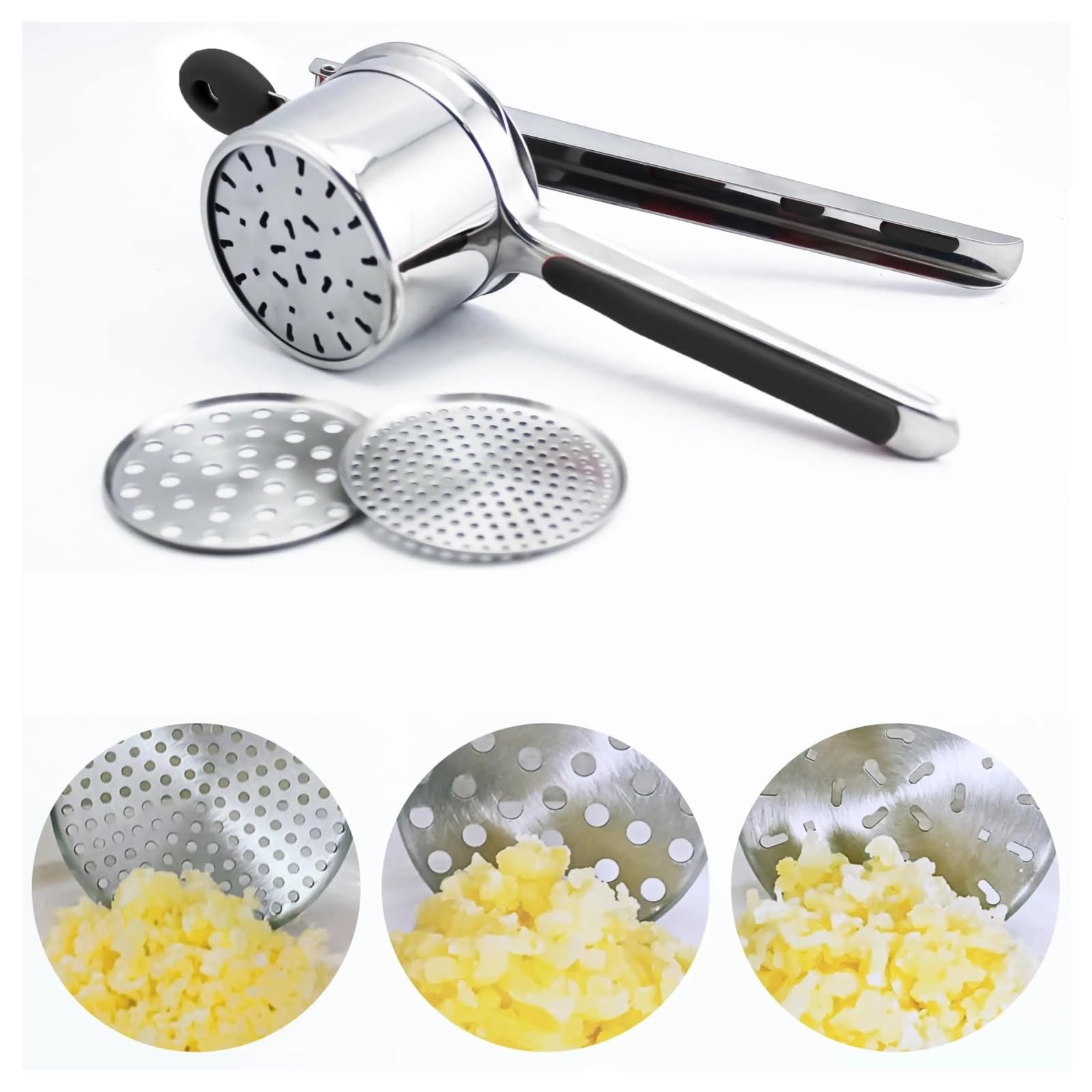 Kartoffelpresse 15 oz mit 3 austauschbaren Scheiben, manueller Kartoffelstampfer, Küchenhelfer aus Edelstahl