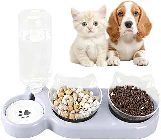 Dog Feeder Anti-Tip with Water Bottle | Indoor Cat Raised Pet Food Dispenser for Doggy Puppy Kitten Medium Large All Breeds Home Night Balcony Long Trips Indoor