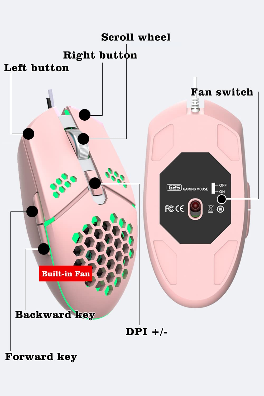 Mouse da gioco cablato con ventola, mouse per PC a nido d'ape con ventola di raffreddamento | Mouse da gioco con LED RGB per laptop, clic silenzioso e 4 livelli DPI, senza palmo sudato