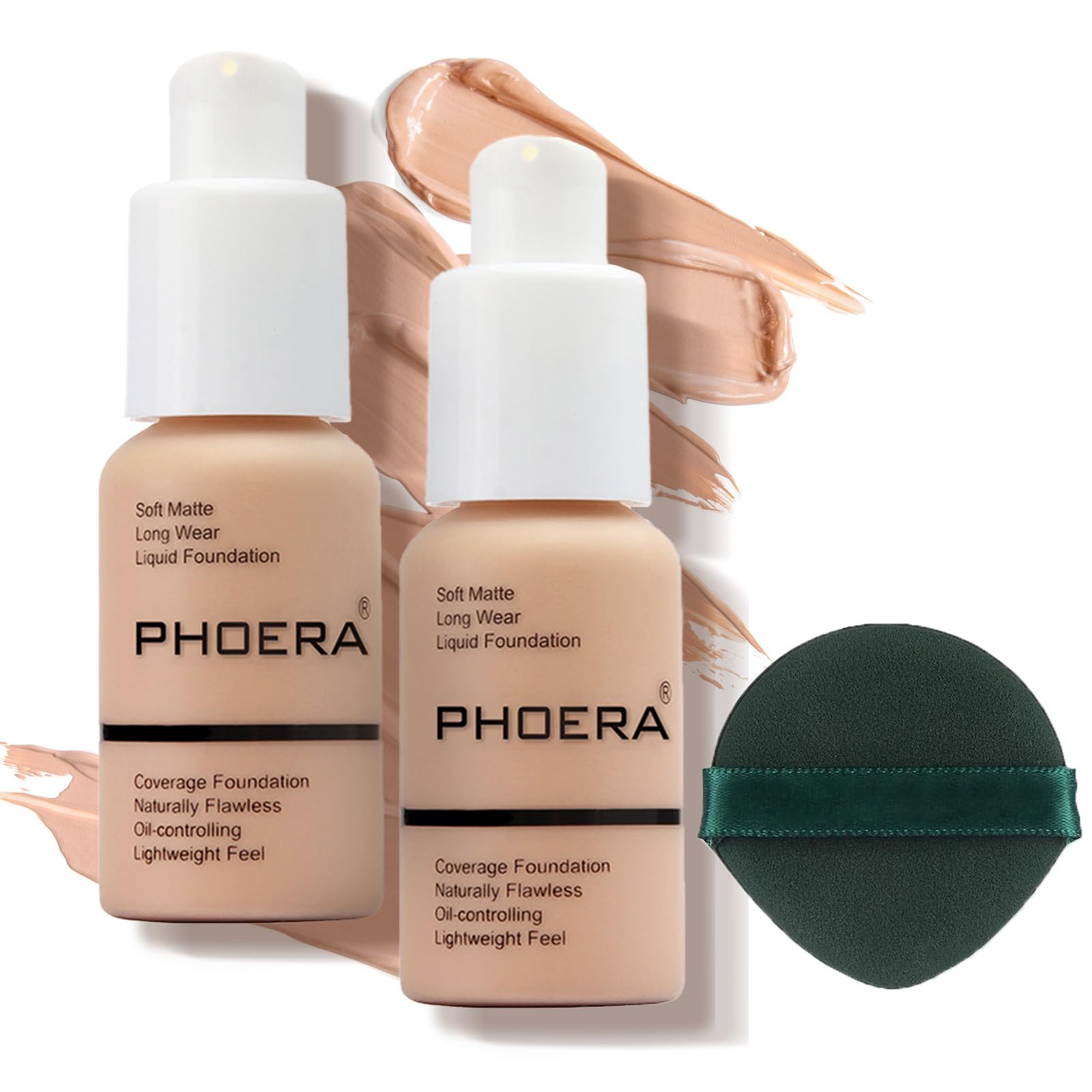PHOERA Foundation 2er Set,Matte Flüssig Foundation mit voller Deckkraft,24H langanhaltend Make-up,wasserfest,ideal für reife Haut,deckt Hautunreinheiten,Rötungen,für Alltag,Party (2 Stück 101)