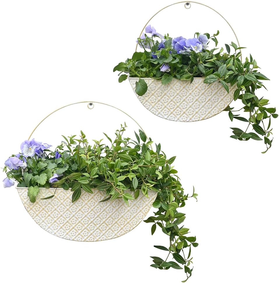 2-Piece Green Metal Planter Wall Hanging Baskets Decor Half-Moon Wall Mount Planter Set for Shabby Chic Farmhouse Outdoor Indoor Wall Decor