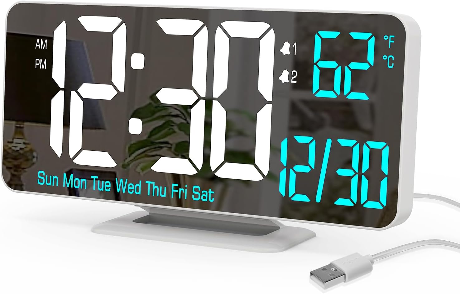Digital LED Clocks for Bedrooms 6.7in White Alarm Clock, Dimming, 12/24h, Date, Day of Week,Temp,Desk Clock, LED Clock for Bedside, Digital Calendar Clocks for Living Room Essentials