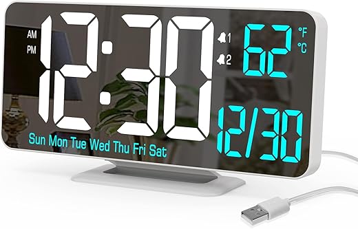 KOSUMOSU Digital LED Clocks for Bedrooms 6 . 7 in White Alarm Clock, Dimming, 12 / 24 h, Date, Day