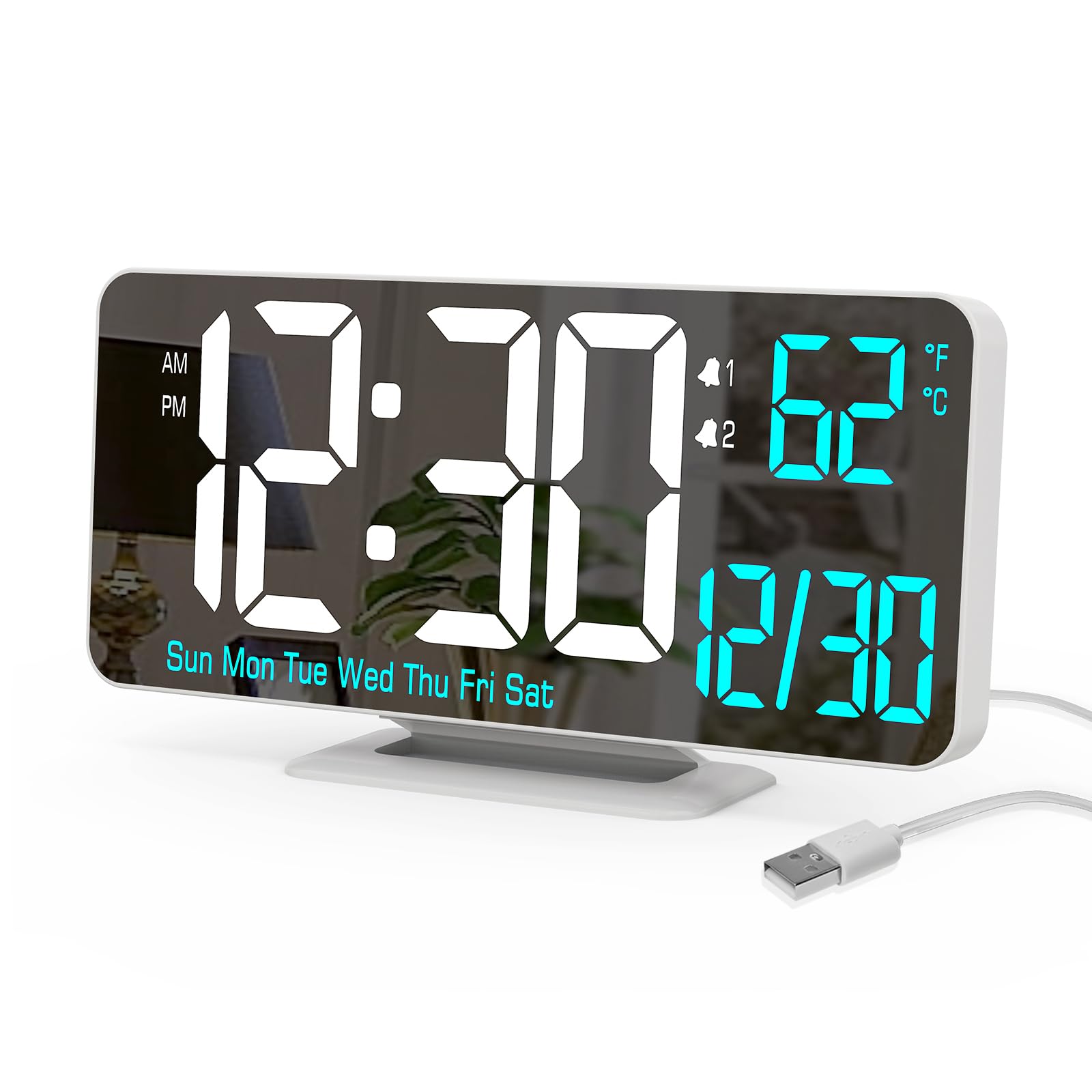 KOSUMOSU Digital LED Clocks for Bedrooms 6.7in White Alarm Clock, Dimming, 12/24h, Date, Day of Week,Temp,Desk Clock, LED Clock for Bedside, Digital Calendar Clocks for Living Room Essentials