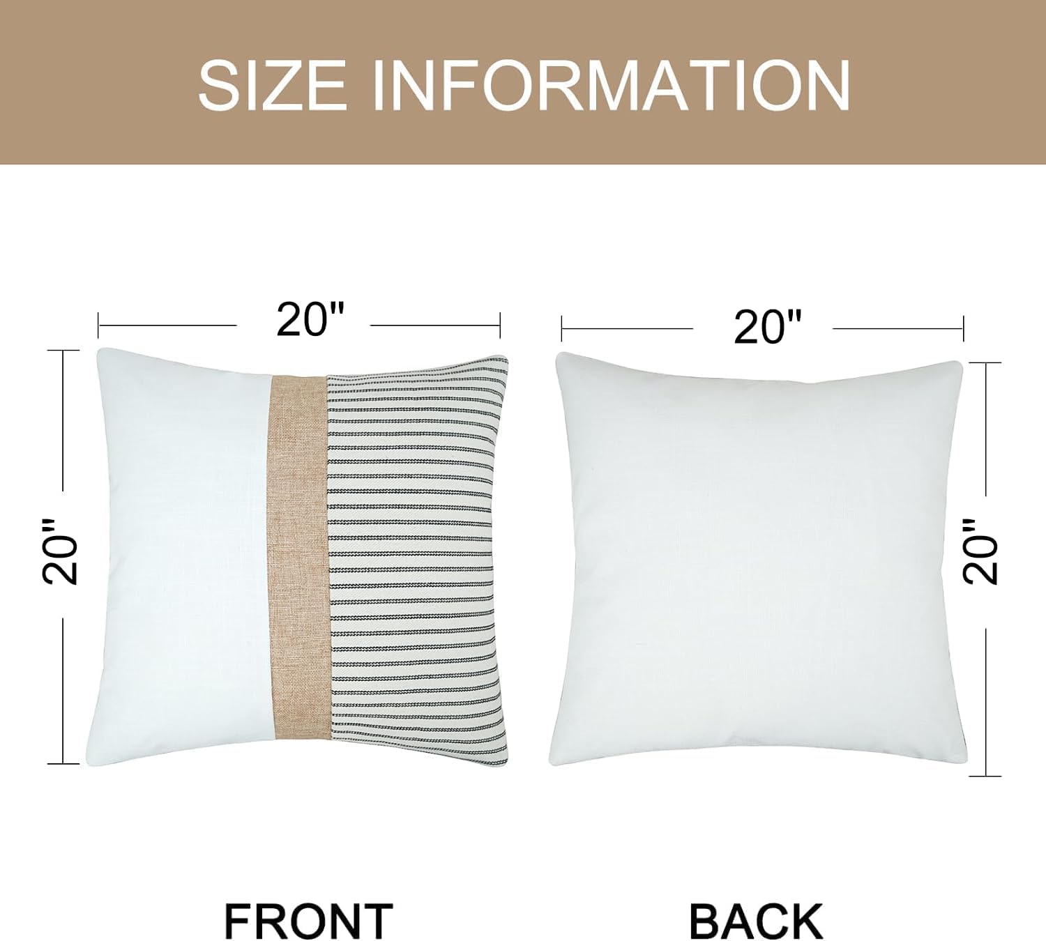 JASEN Farmhouse Pillow Covers 20x20, Modern Accent Square Throw Pillow Covers Set of 2, Black and Beige Striped Patchwork Decorative Pillow Case for Sofa Couch Chair Bedroom