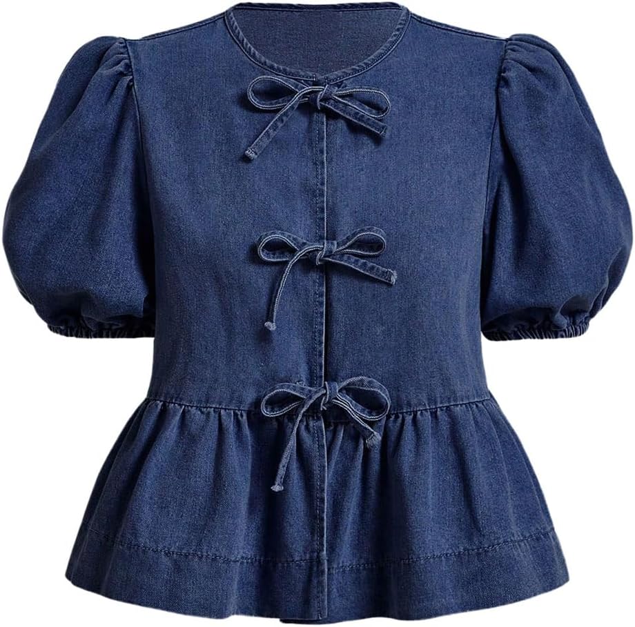 GORGLITTER Women's Bow Tie Front Denim Shirt Puff Short Sleeve Crewneck Ruffle Hem Peplum Blouse