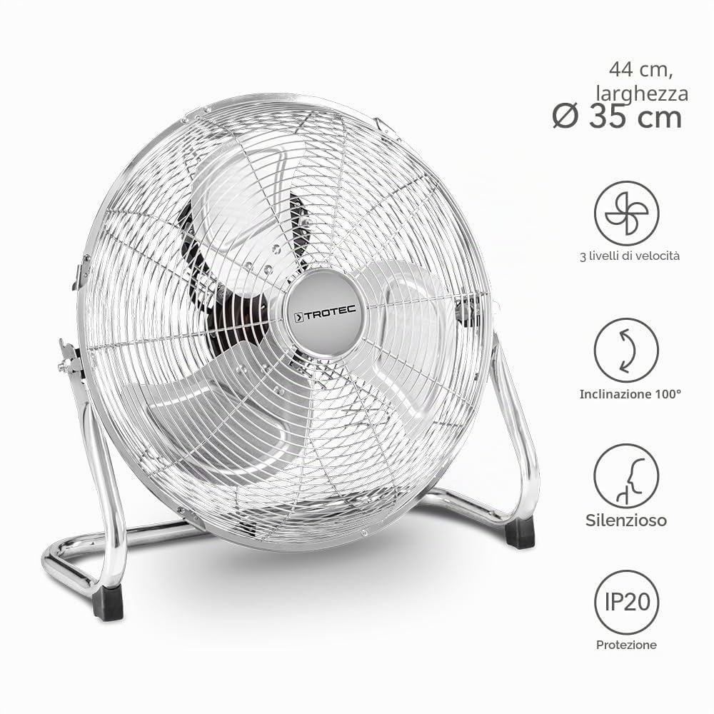 TROTEC TVM 14 ventilatore da pavimento in metallo, 44 W, argento | Diametro 35 cm, 3 velocità e inclinazione 100°; base stabile antiribaltamento, funzionamento silenzioso
