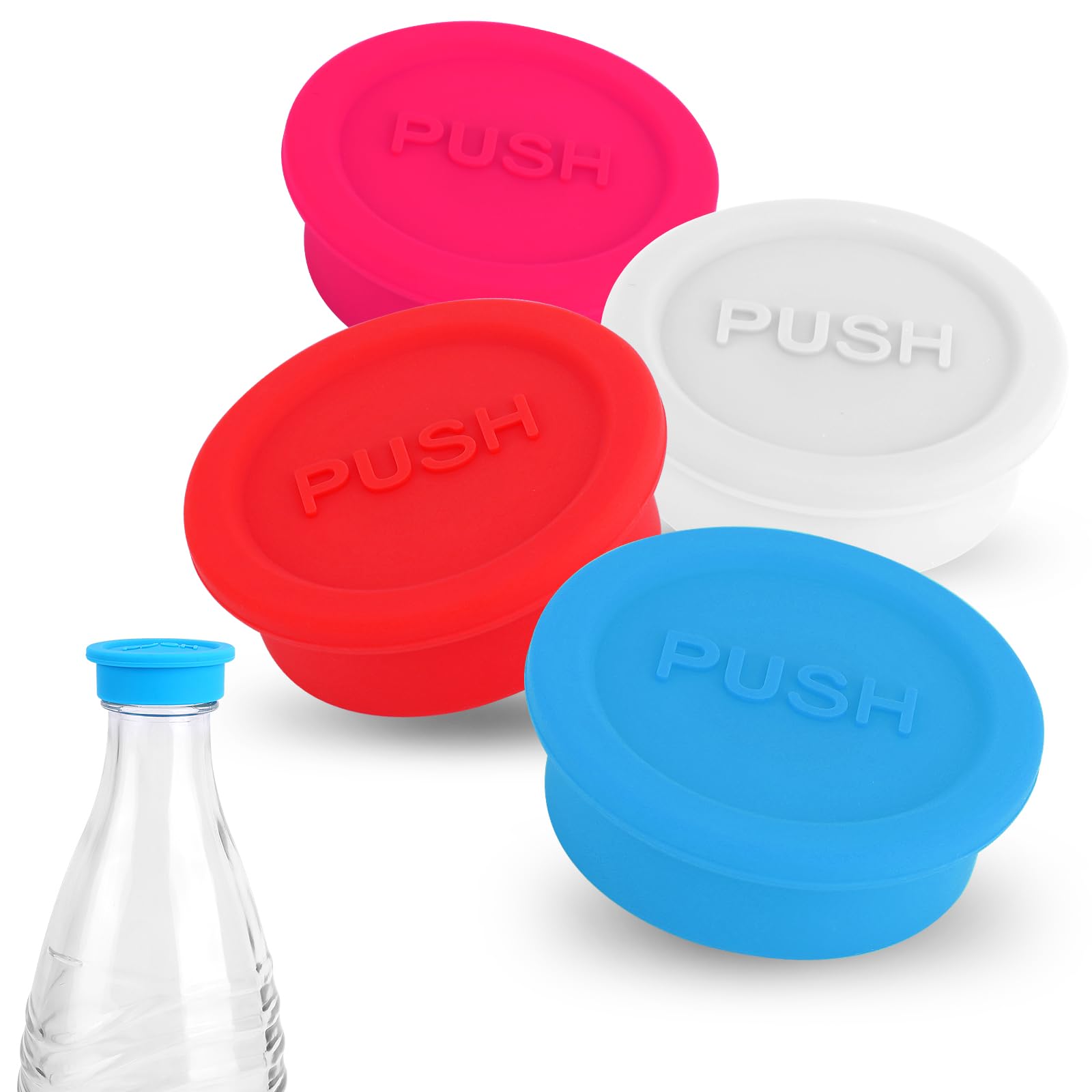 4stk Deckel Glasflaschen für Sodastream, Silikon Soda Flaschenverschluss Wiederverwendbar Verschlussdeckel Wasserflaschenverschluss Abdeckung Kompatibel mit -Glasflasche (Rot, Rosa, Blau, Weiß) Sport & Freizeit