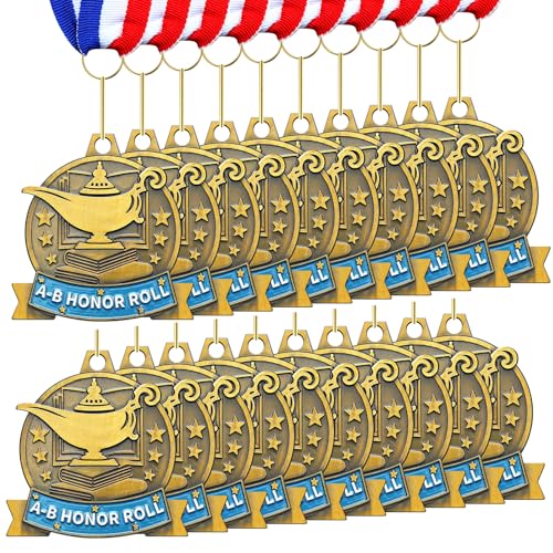 Loetere 20 Pcs Academic Excellence Medals Bulk 2.4 inch Reading Honor Roll Gold Medals with Neck Ribbons Metal Trophy Award Prize Gifts for Adult Book Lover Academic Competitions (Honor Roll)