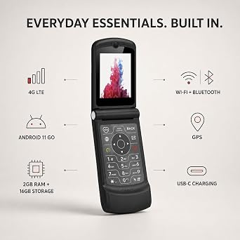 V3 4G LTE Flip Phone, Android 11 Go, Dual Screens (2.4 + 1.2), 2GB RAM 16GB Storage, USB-C, Removable Battery, Wi-Fi Bluetooth GPS, Simple Easy-Use Cell Phone for Seniors, Kids Travelers