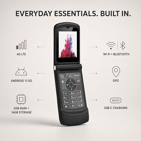 V3 4G LTE Flip Phone, Android 11 Go, Dual Screens (2.4 + 1.2), 2GB RAM 16GB Storage, USB-C, Removable Battery, Wi-Fi Bluetooth GPS, Simple Easy-Use Cell Phone for Seniors, Kids Travelers