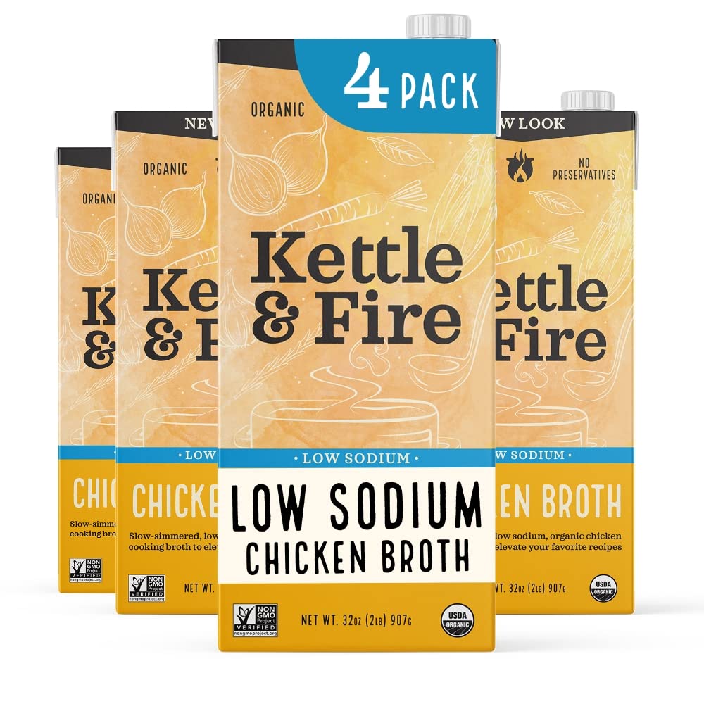 Low Sodium Chicken Broth - Pack of 4 - Organic Cooking Stock, Real Bones Not Powder, Protein, Keto, Paleo, GF, Whole 30 Diet Friendly, Natural Soup Base, 32 oz Liquid Cases