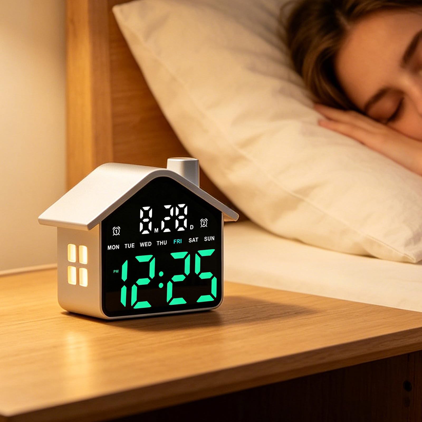 Reloj despertador digital LED con forma de casa con ajuste de brillo y fecha, para decoración de escritorio en casa, oficina
