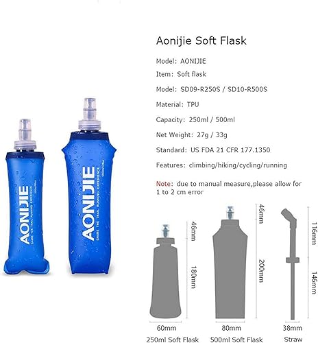 Miniatura 2 de AONIJIE Paquete de 2 botellas de agua blandas plegables de TPU para paquete de hidratación, sin BPA, para correr, senderismo, ciclismo, escalada (2
