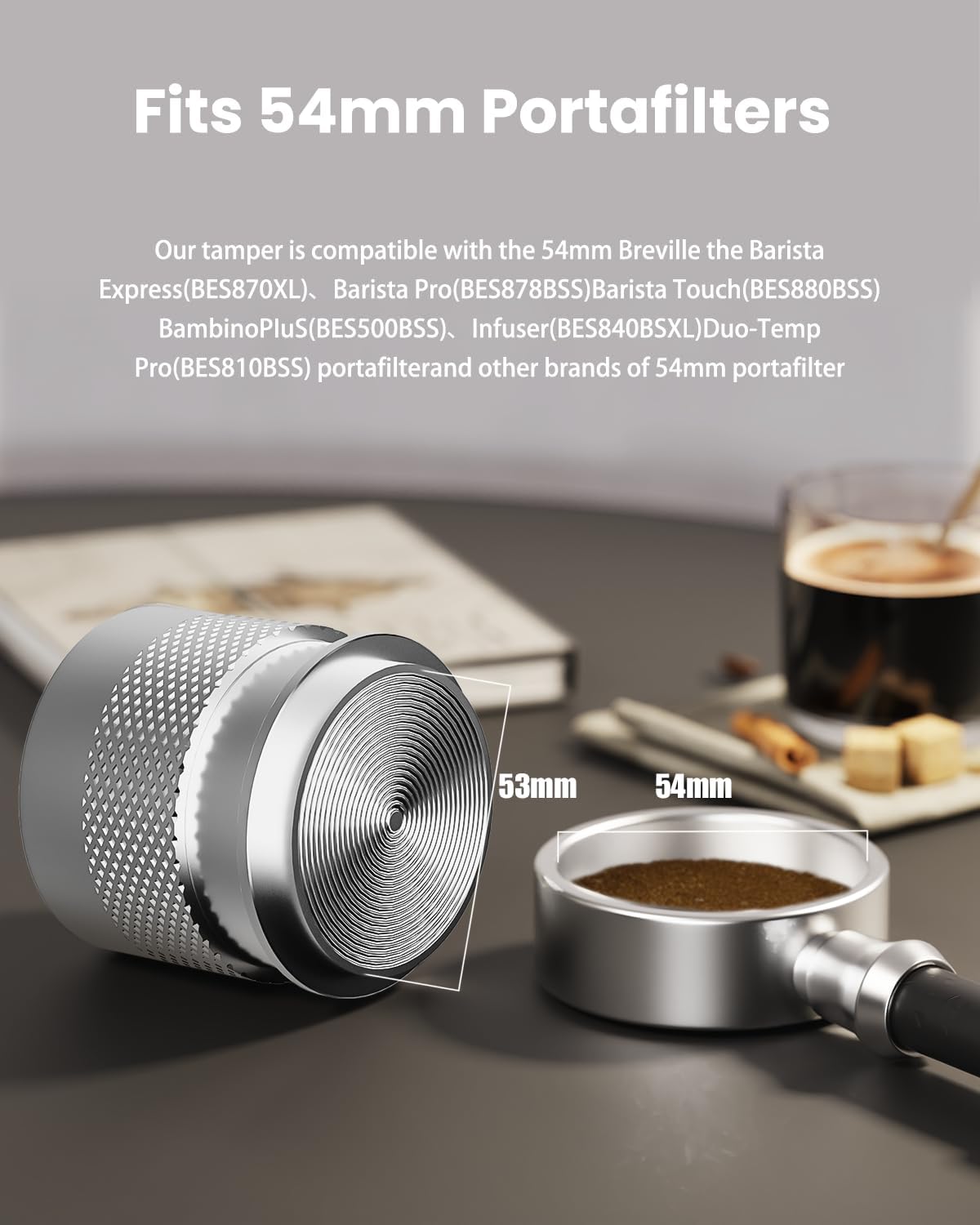 53mm Espresso Tamper, Maestri House Stainless Steel Barista Coffee Tamper for Espresso Machine, Spring-loaded Tamper Fits for 54mm Breville Portafilter Fits for 54mm Espresso Portafilter (Silver)