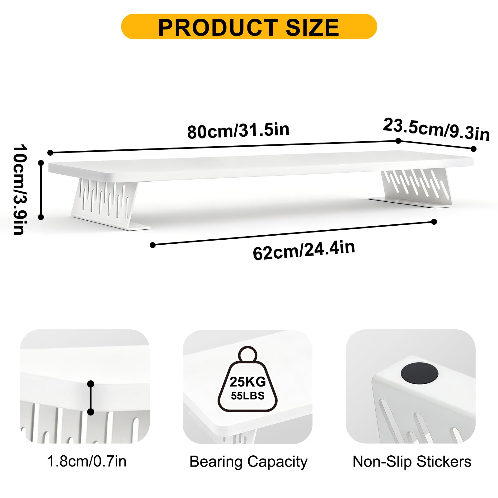 Supporto rialzato in legno per monitor 80x23,5x10 cm, supporti per monitor da scrivania, rialzo per doppio monitor e TV, robusto ripiano da scrivania per l'ufficio domestico, Bianco