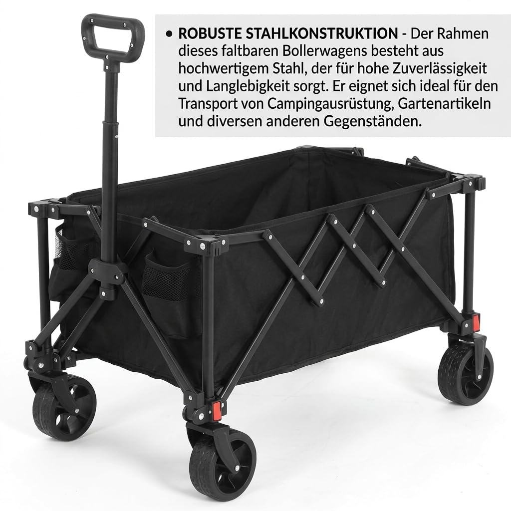 Faltbarer Bollerwagen mit All-Terrain-Rädern, Schwerlast Gartenwagen aus Stahlrahmen mit Verstellbarem Griff, Outdoor Transportwagen für Camping Einkaufen Sport Angeln, Schwarz
