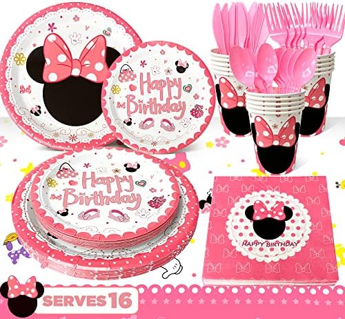 Minnie Mouse Birthday Party Tableware-113pcs Minnie Party Tableware Set Included Minnie Mouse Party Plates Cups and Napkins Table Cloth etc Minnie Mouse Birthday Party Supplies, for 16 Guests