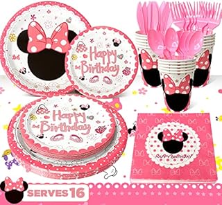 Minnie Mouse Birthday Party Tableware-113pcs Minnie Party Tableware Set Included Minnie Mouse Party Plates Cups and Napkins Table Cloth etc Minnie Mouse Birthday Party Supplies, for 16 Guests