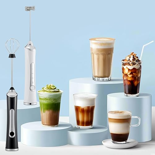 Miniatura 7 de Espumador de leche eléctrico de mano con 2 cabezales, mezclador de espuma de batidor de café con USB recargable 3 velocidades, licuadora de espuma