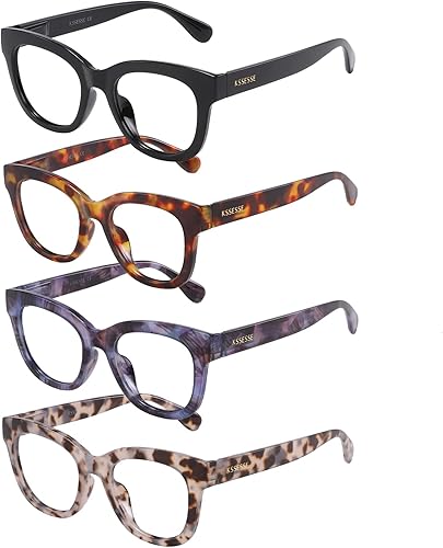 KSSESSE Paquete de 4 lentes de lectura para mujeres y hombres, con bloqueo de luz azul, cuadrado, ovalado, con bisagra de resorte