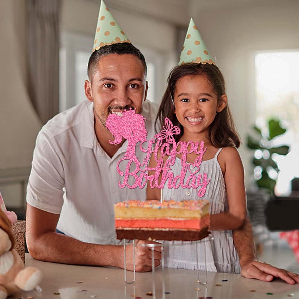 Girl Birthday Cake Topper – Pink Princess Glitter Crown, Wooden Stick Decoration For Parties - View #5