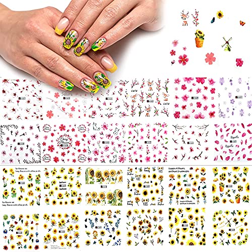 Nagelsticker,24 Blatt Blumen Nail Art Sticker 3D Wassertransfer, Nagelaufkleber, Kirsche Sonnenblume Sommer nageldesign…