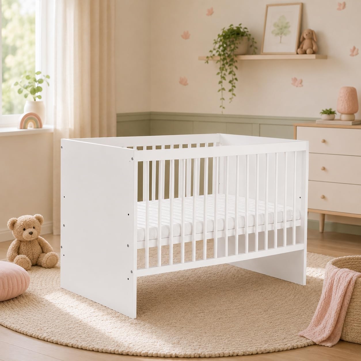 Lit Tany Blanc 120 x 60 cm - Lit bébé avec sommier à Lattes 3 Niveaux réglables en Hauteur - Bois de pin laqué