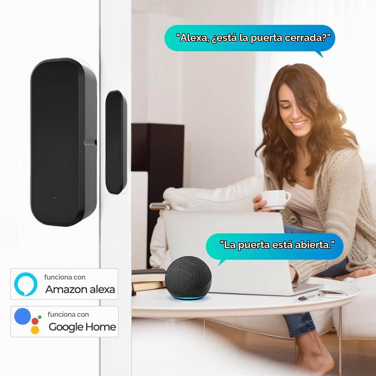 Juego de 3 sensores inteligentes para puertas y ventanas, sensor de puerta con WiFi, sensor de contacto para puertas y ventanas, con Alexa y Google Home