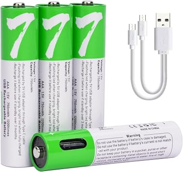USB AAA Lityum iyon  arj Edilebilir Pil, Y ksek Kapasiteli 1.5V 750mWh  arj Edilebilir AAA Pil, 1 H H zl   arj, C Tipi Ba lant  Noktas  Kablosu ile 1200 D ng , Sabit  k , 4l  Paket 4 AAA