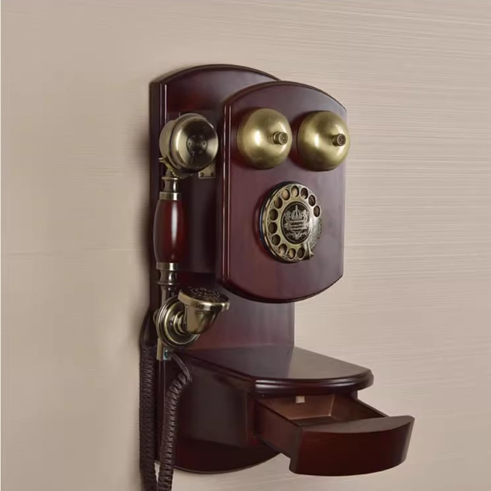 HJMMWT Telefon ścienny w stylu retro Stare, antyczne telefony Vintage przewodowy telefon stacjonarny z mechanicznym dzwonieniem Drewno dla seniora w domu, szkole, kuchni, biurze, czerwony