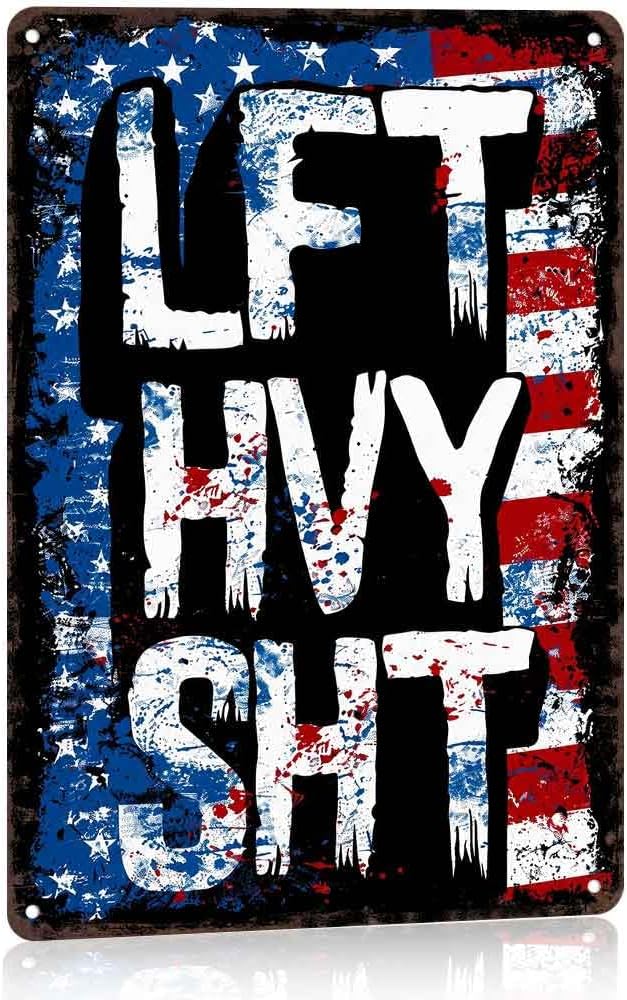 8x12 Inch Aluminum Metal Sign, LIFT HVY SHT Vintage Distressed American Flag Wall Art Decor, Gym Workout Fitness Decorative Metal Poster for Garage Home Gym Weightlifting Room
