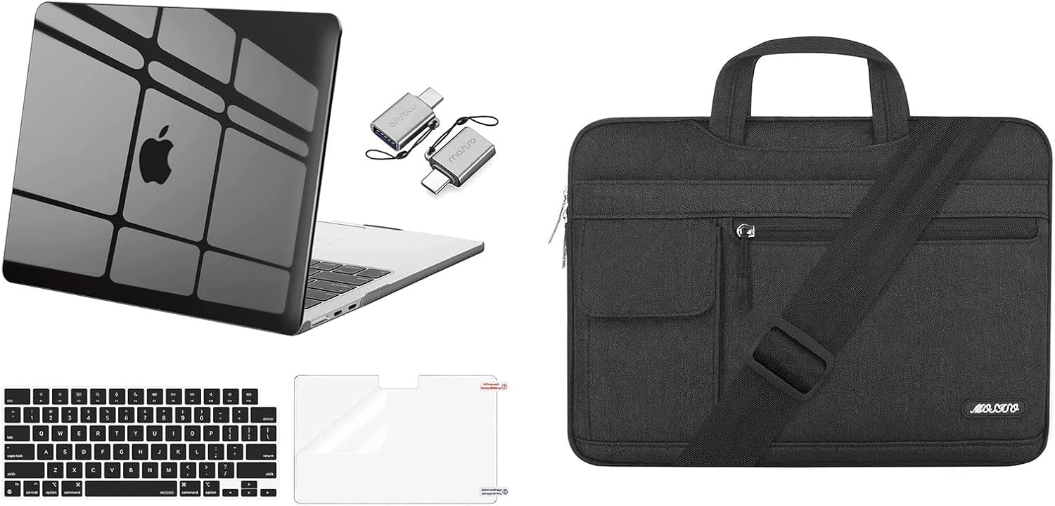 MOSISO Compatible with MacBook Air 13.6 A2681 M2, Plastic Hard Shell&Keyboard Cover & Screen Protector & Type C Adapter 2 Pack & Flapover Laptop Shoulder Bag, Smoke Black & Black