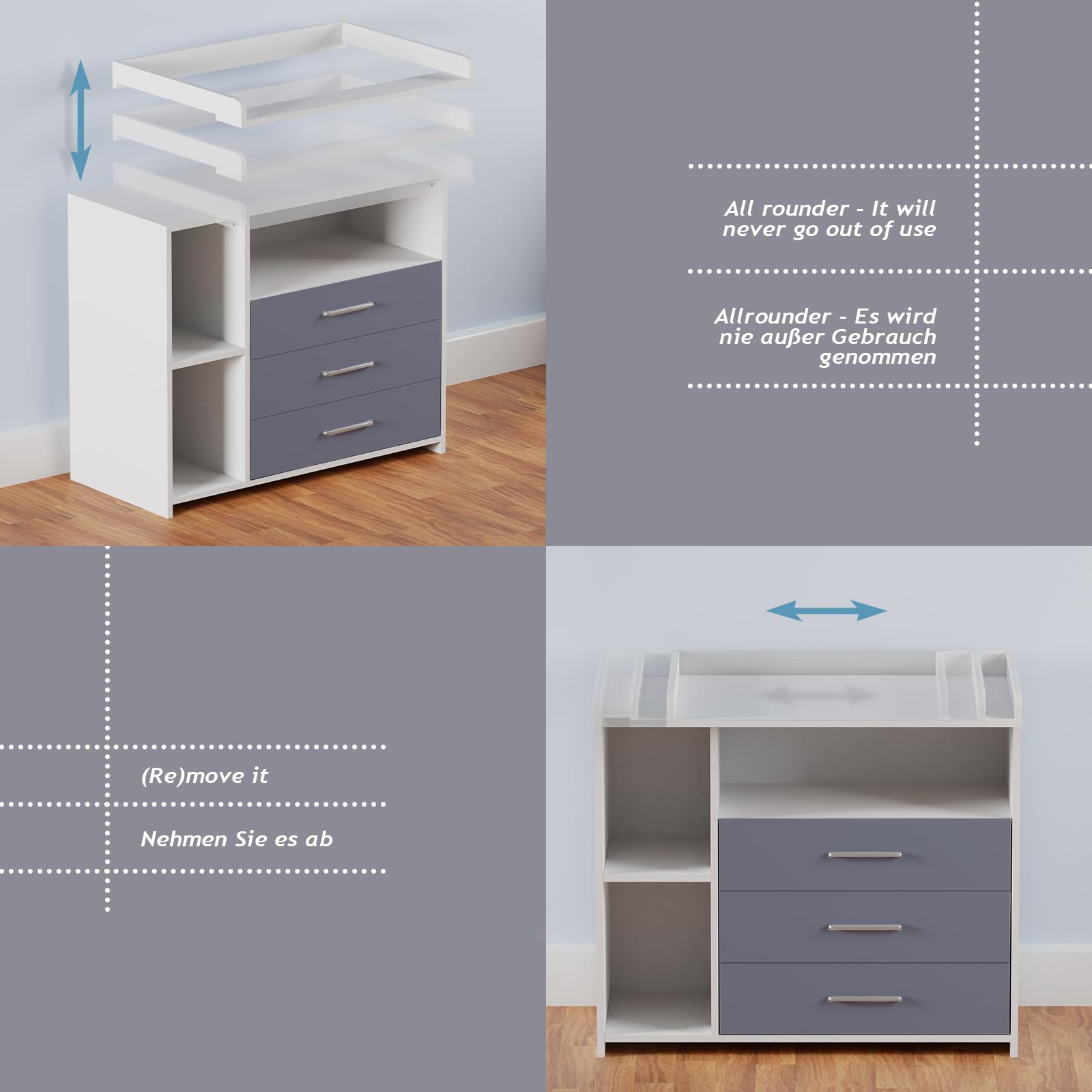 Infantastic® Fasciatoio Neonato con Cassettiera - 3 Cassetti, 3 Scomparti Aperti, 113x70x101, MDF, Bianco/Grigio - Arredamento, Mobile Cameretta da Bambini, Armadio Neonato, Organizzatore per Bebè