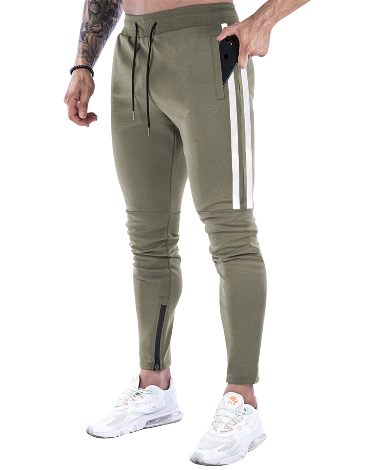 Suwangi Pantaloni Tuta Uomo Palestra Running della Allenamento Slim Fit Design a Righe con Tasche Zip