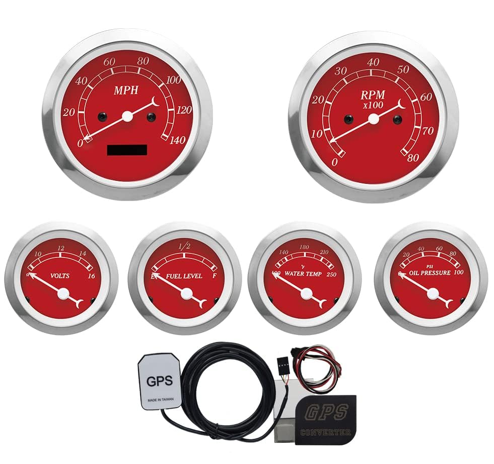 Image of MOTOR METER RACING Classic Electrical GPS 6 Gauge Set Red Dial White Needle