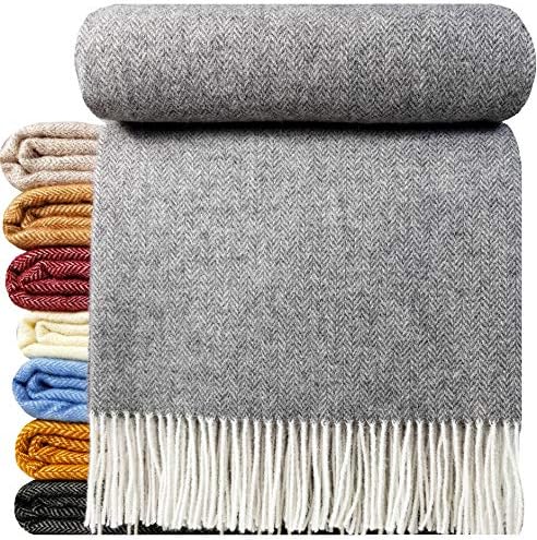 STTS International Koc wełniany, 100% żywa wełna, różne kolory, narzuta z żywej wełny, wełniany pled Tirol (szaro-musztardowy, dwustronny, 140 x 200 cm)