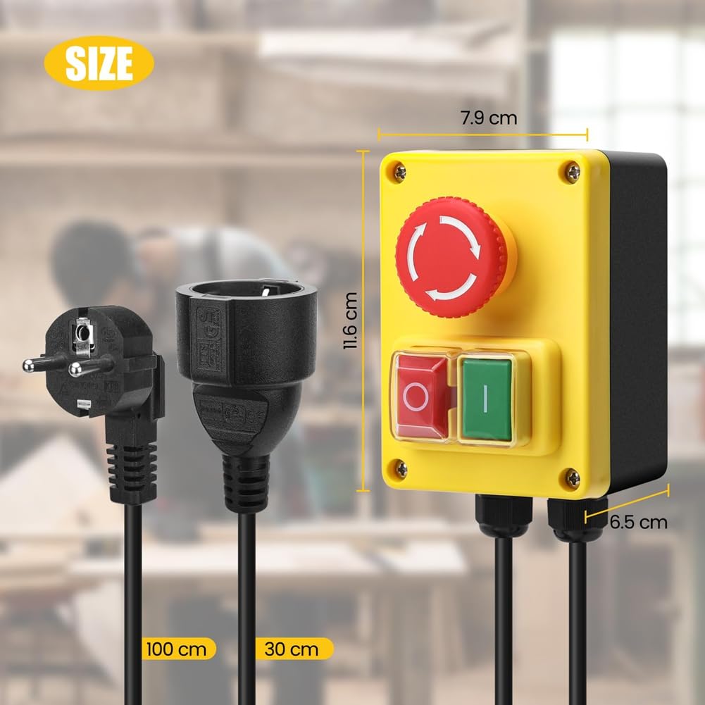 Interruptor de seguridad (220 V, monofásico con parada de emergencia, ideal para mesas de fresado y dispositivos eléctricos