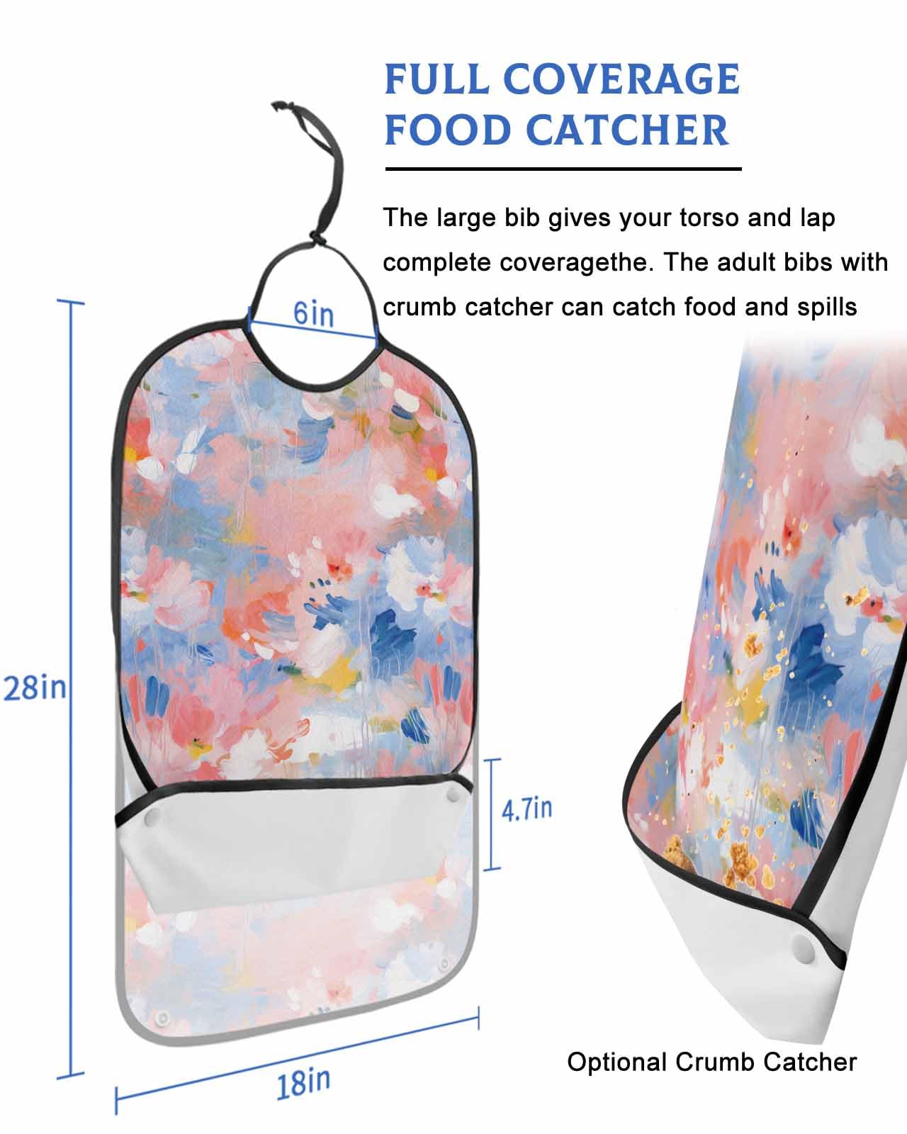 LEOKOTI Pink Blue Adult Bibs for Eating, Waterproof Bibs with Food Catcher & Adjustable Snap Closure, Contemporary Abstract Art Oil Painting Washable Clothing Protectors Adult Bibs for Elderly