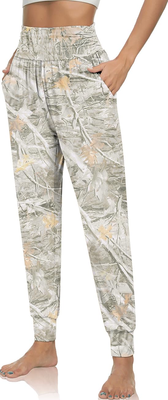 UEU Women's High Waist Yoga Joggers Plus Size Pants Loose Casual Workout Fashion Printed Lounge Sweatpants with Pockets(Maple Leaf Apricot, XXL)