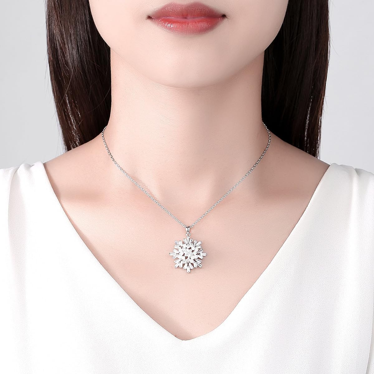 Sparkling CZ Snowflake Pendant Christmas Necklace for Women Silver Luxury Fashion Crystal Winter Flower Adjustable Chain Choker Necklaces Dainty Thanksgiving Xmas Party Holiday Festival Costume Jewelry Gift - Image 5
