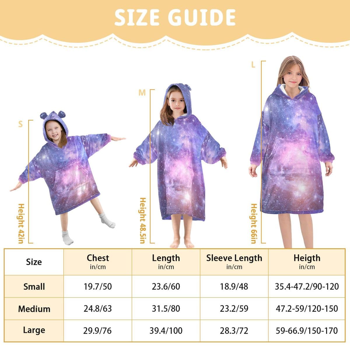 Galaxy Planets Stars Dziecięcy koc do noszenia z kapturem, oversize, bluza, koc, fioletowy, mgławica, dla chłopców i dziewcząt w wieku 3-14 lat