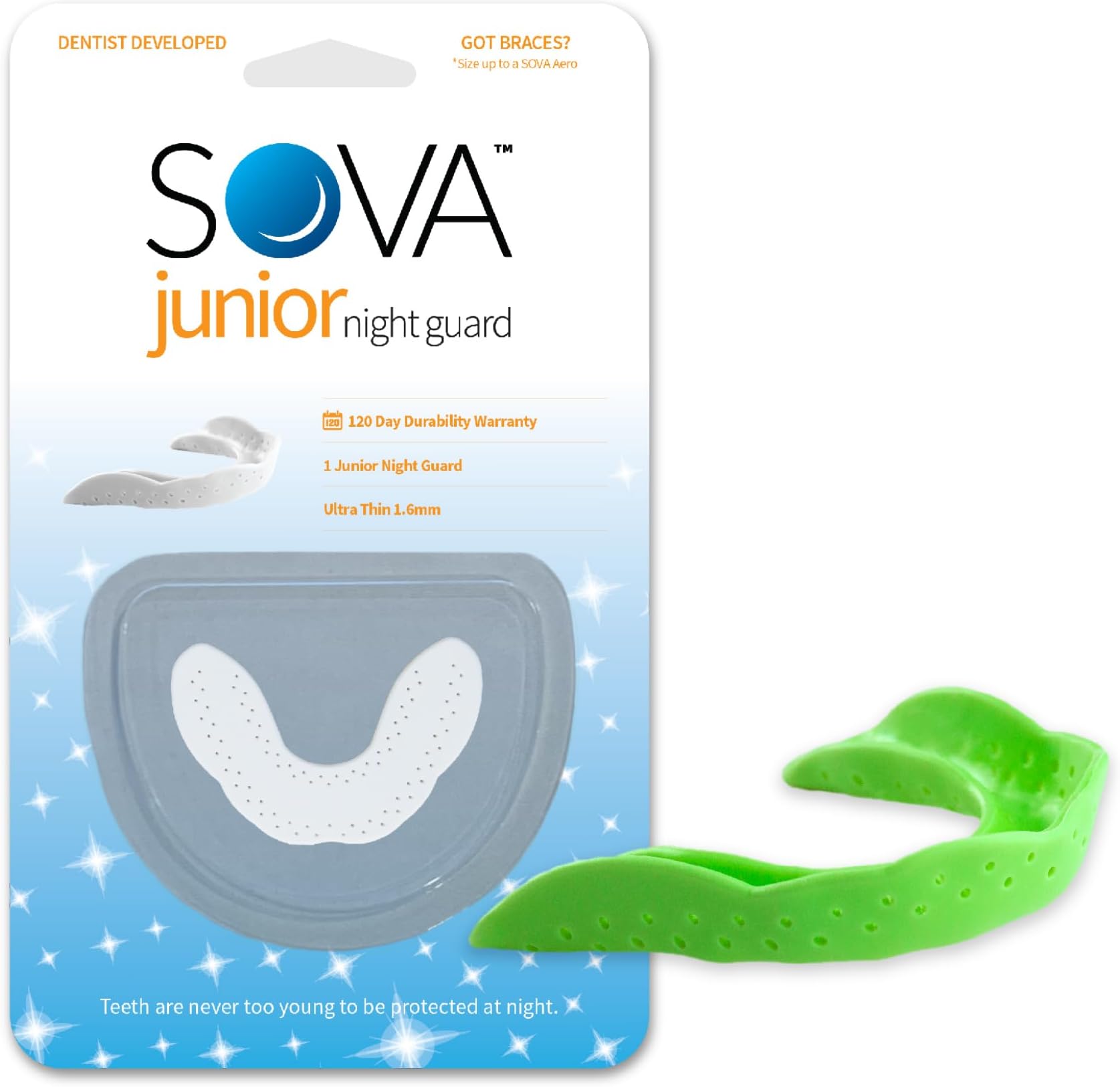 Junior Night Guard, Spring Green - 1.6mm Thin - Custom-Molded Fit - Protects Against Nighttime Teeth Grinding & Clenching - Odor & Taste Free - Remoldable Up to 20 Times - Non Toxic