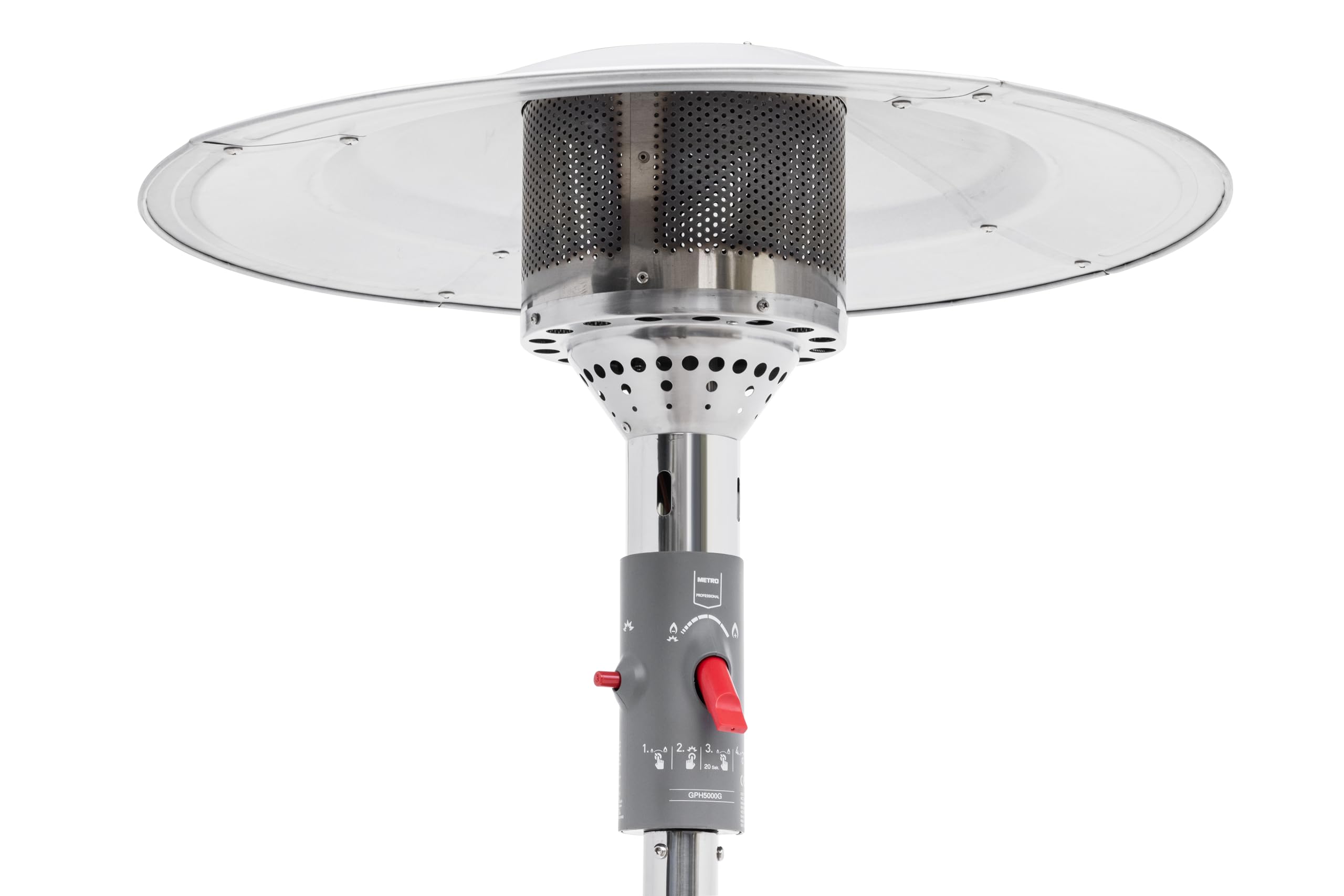 METRO Professional Fungo riscaldante per esterno, acciaio inox, bruciatore ecologico, 76x76x218 cm, da 19 a 50h di funzionamento, accensione elettrica, rotelle, regolatore e tubo flessibile inclusi