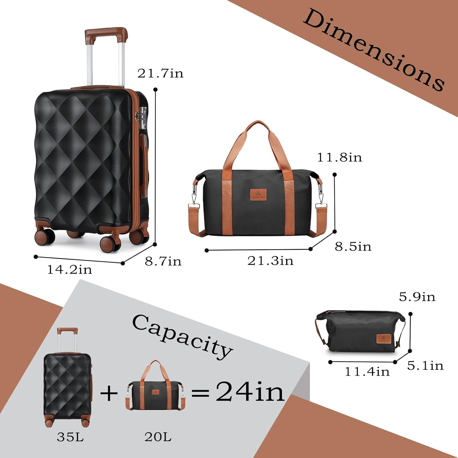Somago 20 inch Carry On Luggage with Weekender Overnight Bag ABS Hardside Spinner Suitcase Built-In TSA Lock YKK Zipper, Black