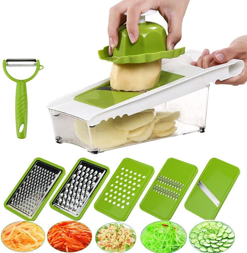 Mandoline Slicer Vegetable Potato Slicer Grater Cutter Chopper, HaetFire Julienne Slices and Shreds Fruits and Vegetables Chopper, Food Container, Safety Food Holder, 5 Interchangeable Sharp Blades