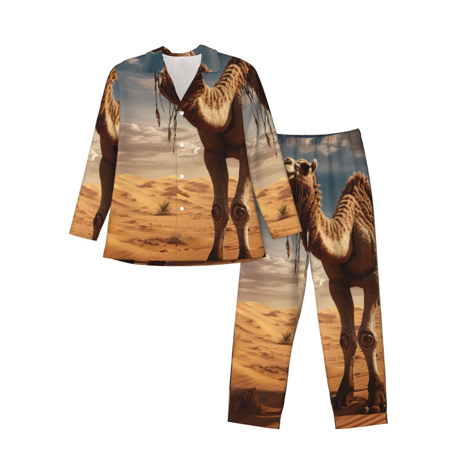 Pigiama a maniche lunghe da uomo con stampa cammello sabbia del deserto Set di due pezzi Traspirante Accogliente Weekend Loungewear