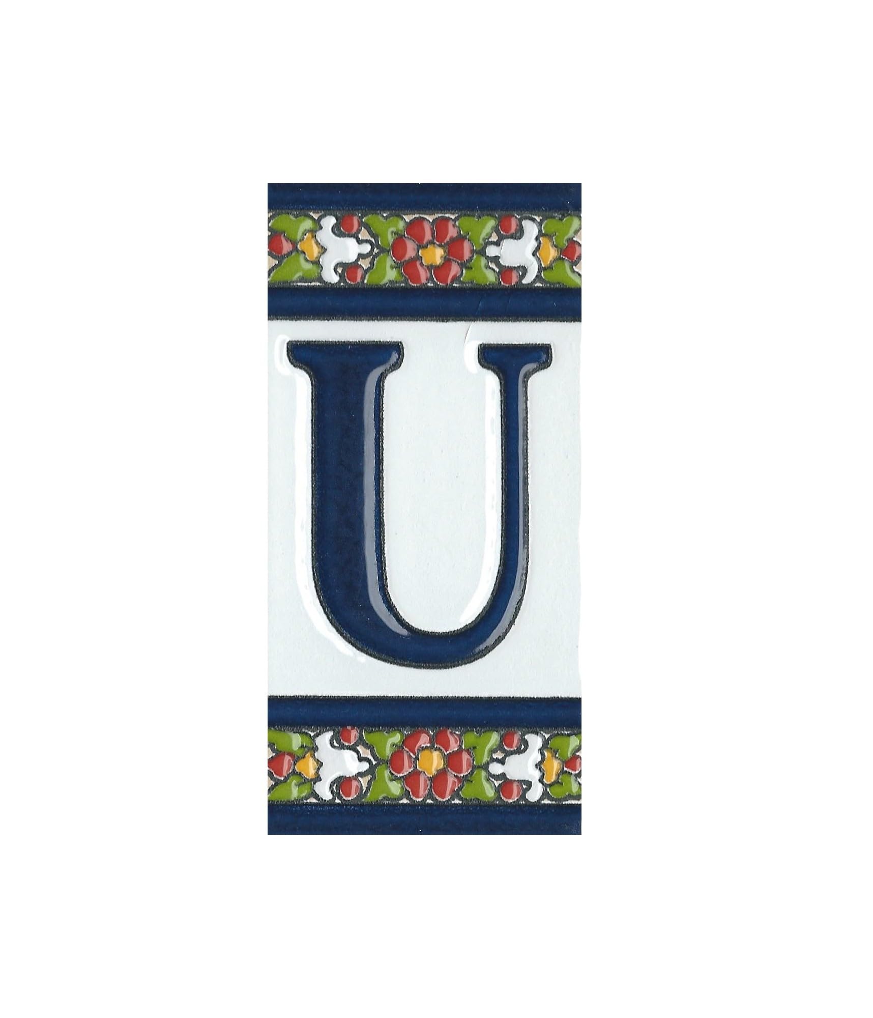 Spanish Floral Designed Ceramic Letter Tiles House Number Tiles and Frames (Letter U)