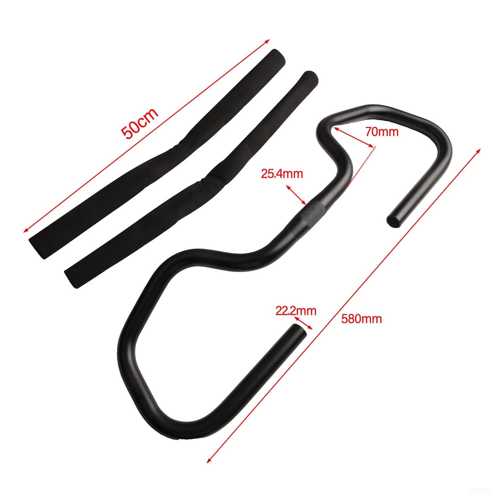 Guidon papillon 25,4 mm de large 580 mm de large en alliage d'aluminium 6061 pour VTT, trekking, vélo de route, tourisme avec 2 poignées en éponge Noir (guidon + 2 poignées)