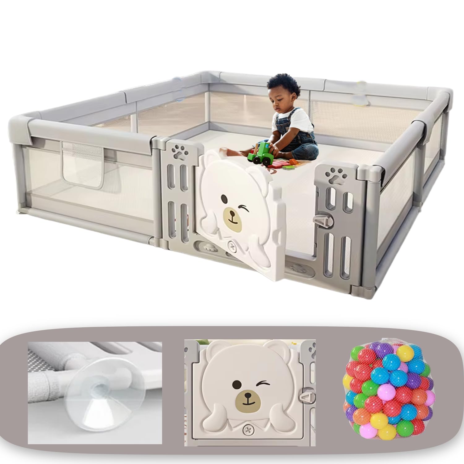 Nucarture 180 * 200cm Playard Playpen Baby Kids Play Yard with Mat and Balls Gate Playard Play Pen for Babies Play Area Indoor Setup, Kid Toddler Playpen Baby Upto 4 yrs(Grey)